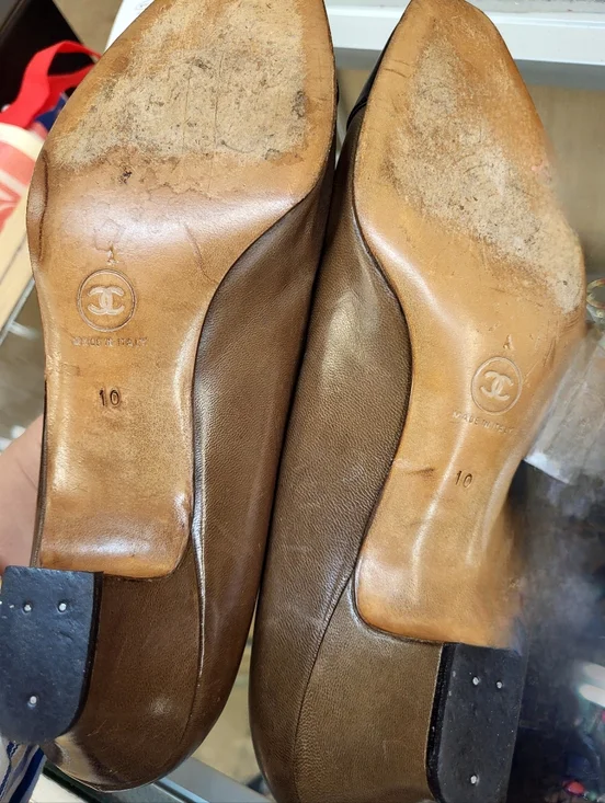 CHANEL Brown Leather Square-Buckle Low Heel Pumps - Picture 2 of 2